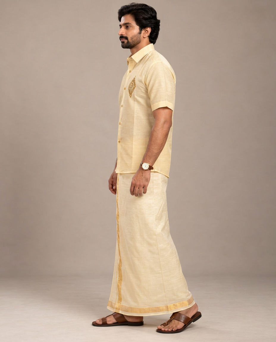 Men's Cream Gold Pattu Silk Shirt and Pancha Set (Shankha Elegance)