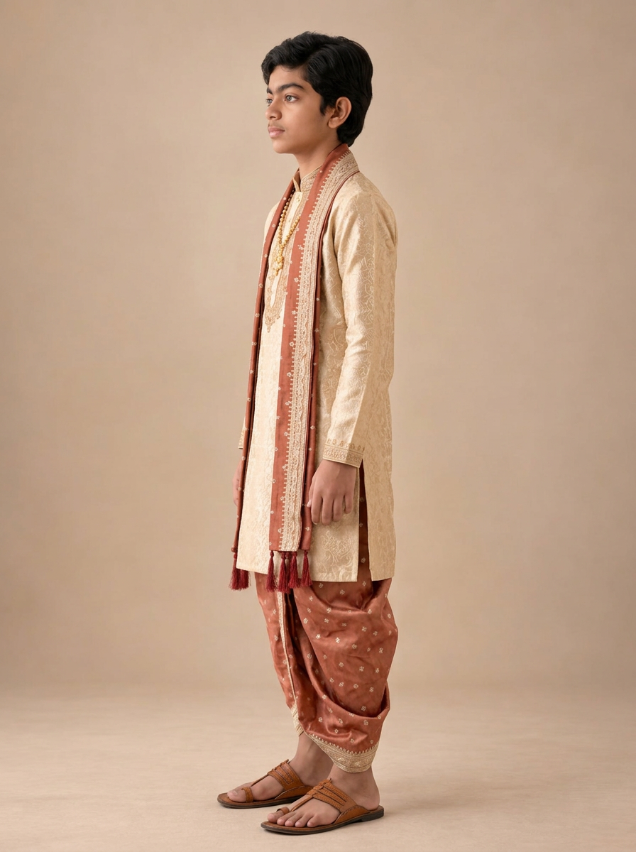 Boys Swarna Tejas Ivory Rust Dhoti Set (Swarnalayam)