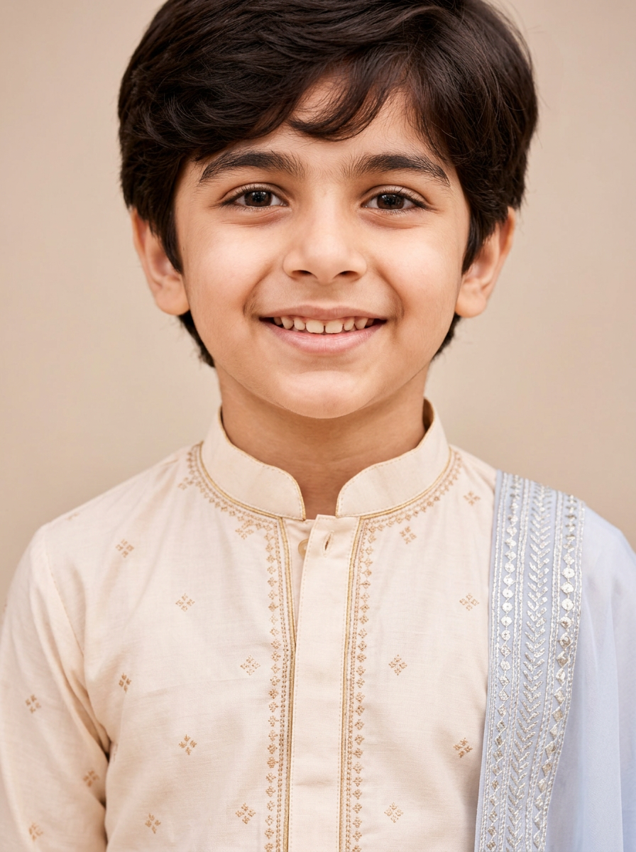 Boys Ivory & Powder Blue 3-Piece Dhoti Set