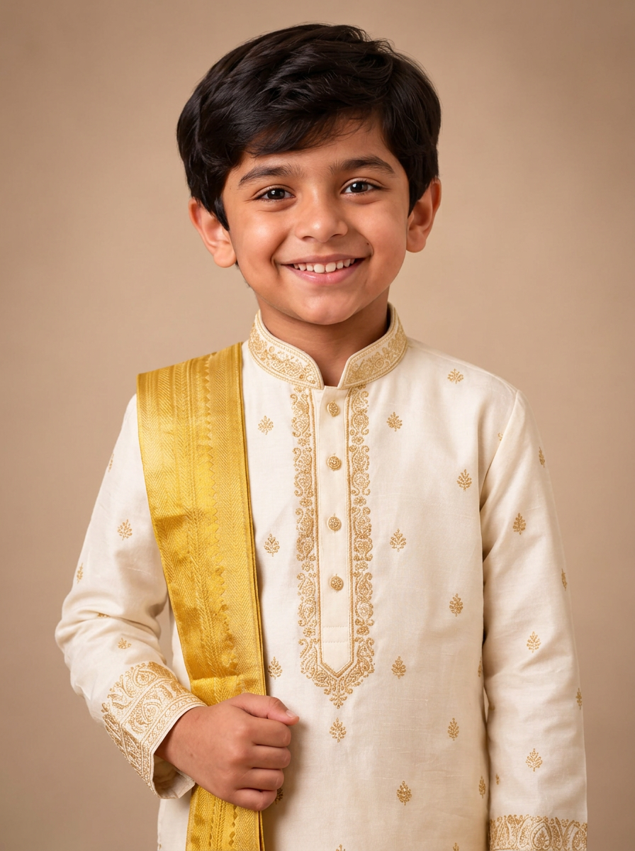 Boys Ivory & Gold 3-Piece Dhoti Set