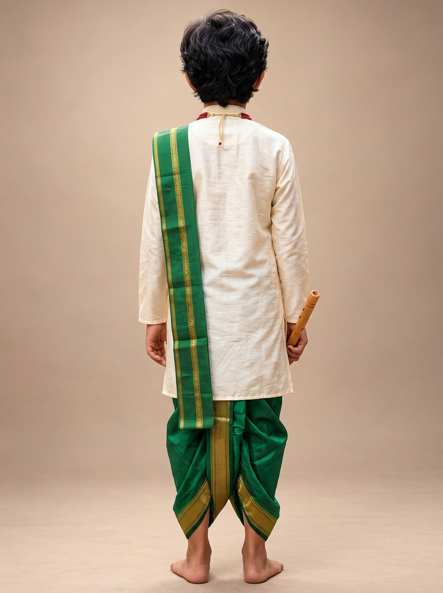 Boys Ivory & Emerald Green 3-Piece Dhoti Set