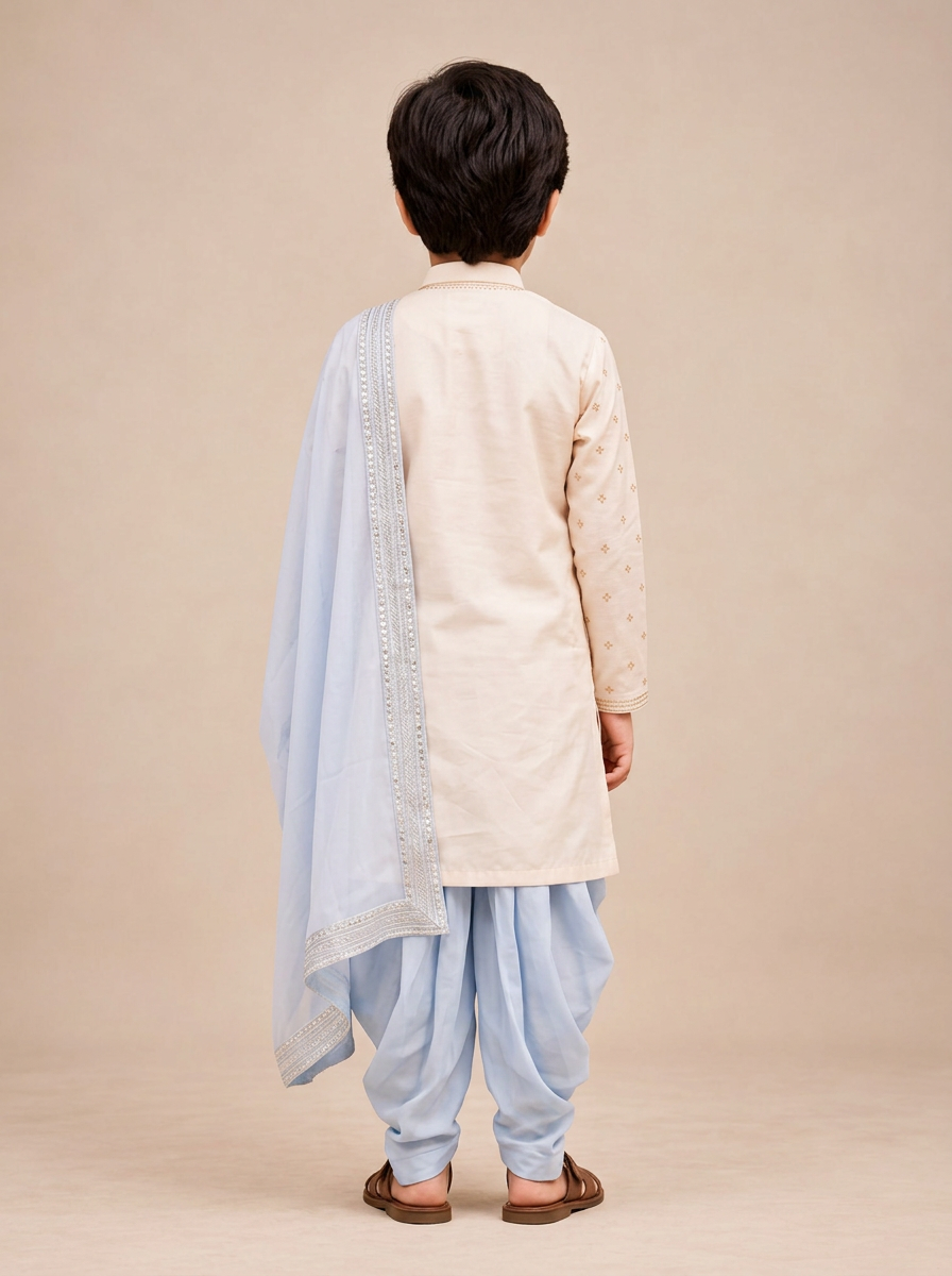 Boys Ivory & Powder Blue 3-Piece Dhoti Set
