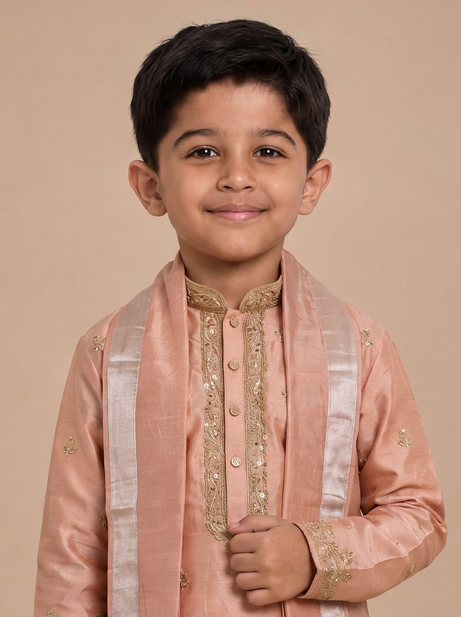 Boys Peach 3-Piece Dhoti Set