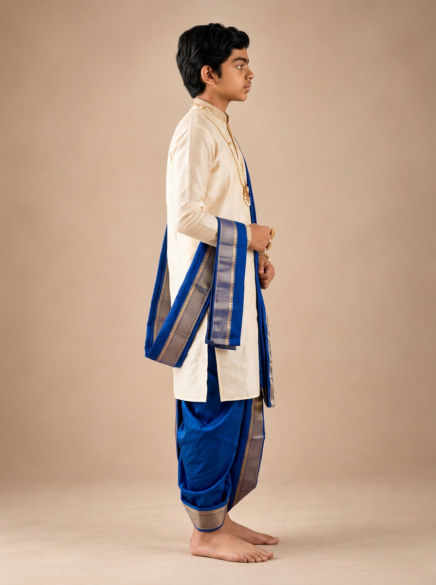 Boys Ivory & Navy Blue 3-Piece Dhoti Set