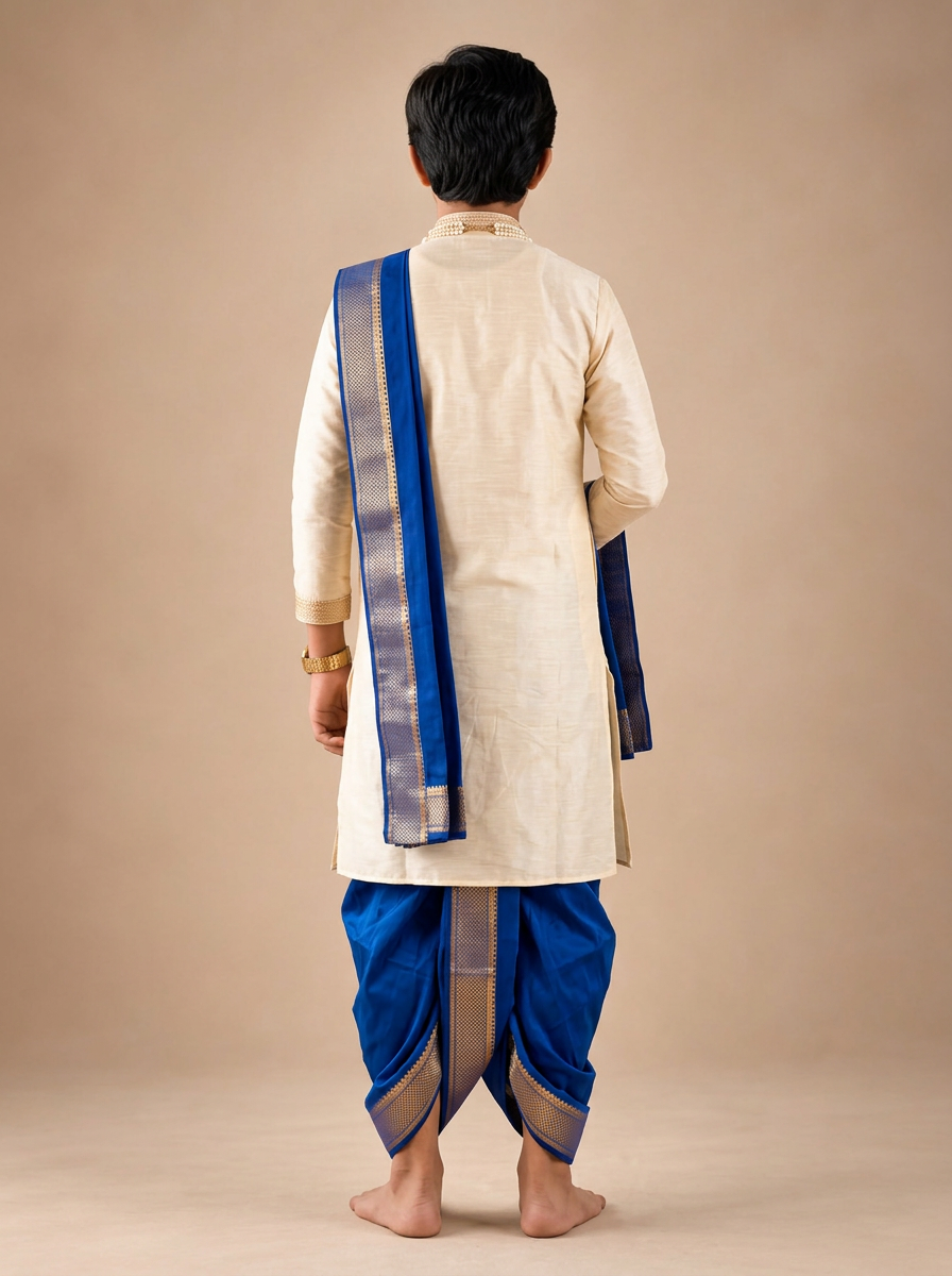 Boys Ivory & Navy Blue 3-Piece Dhoti Set