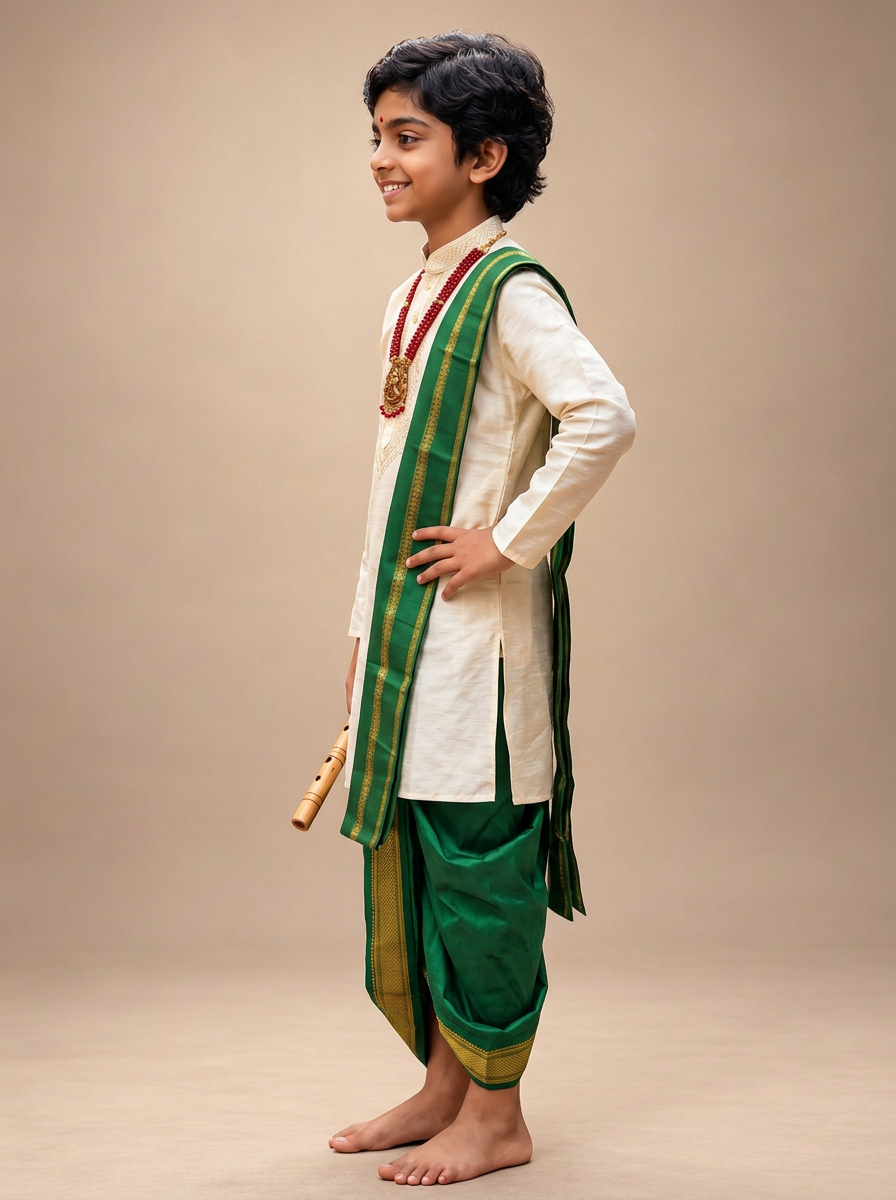 Boys Ivory & Emerald Green 3-Piece Dhoti Set