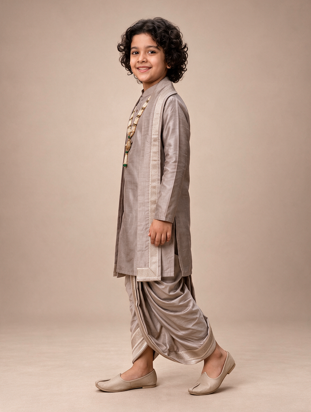 Boys Taupe 3-Piece Dhoti Set
