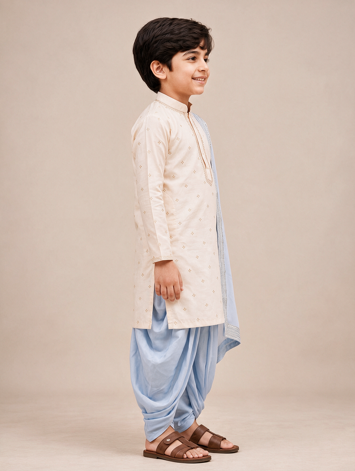 Boys Ivory & Powder Blue 3-Piece Dhoti Set