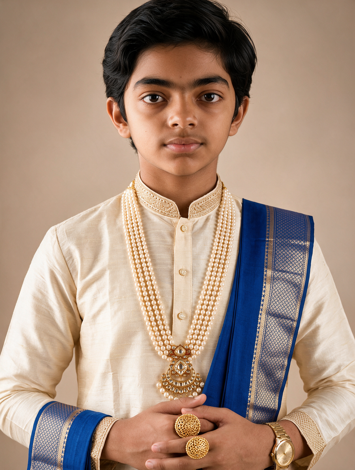 Boys Ivory & Navy Blue 3-Piece Dhoti Set