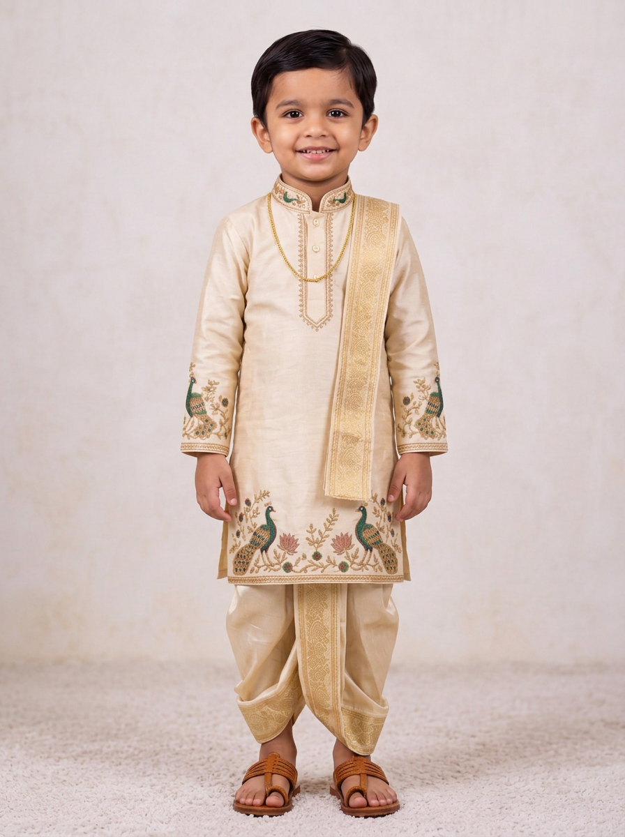 Boys Ivory Peacock 3-Piece Dhoti Set