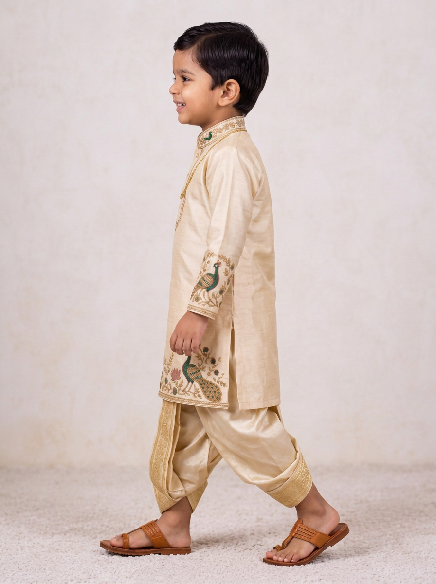 Boys Ivory Peacock 3-Piece Dhoti Set