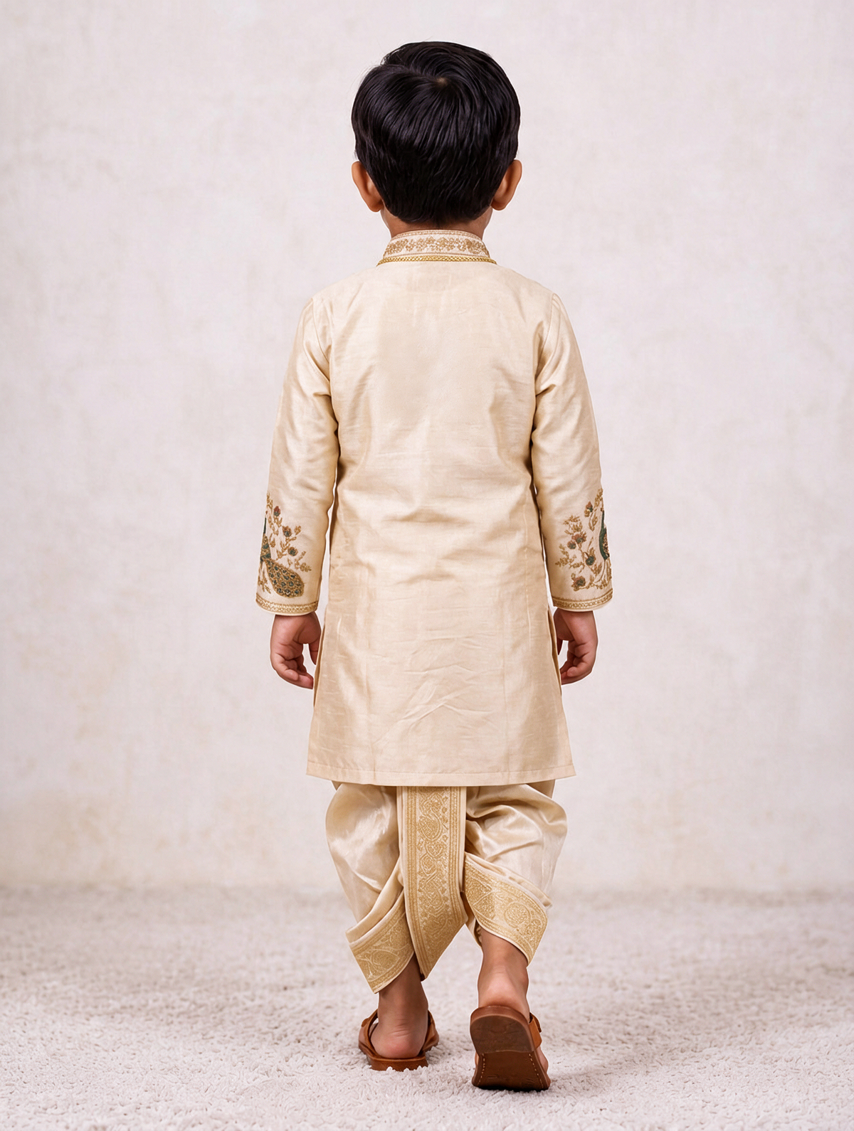 Boys Ivory Peacock 3-Piece Dhoti Set