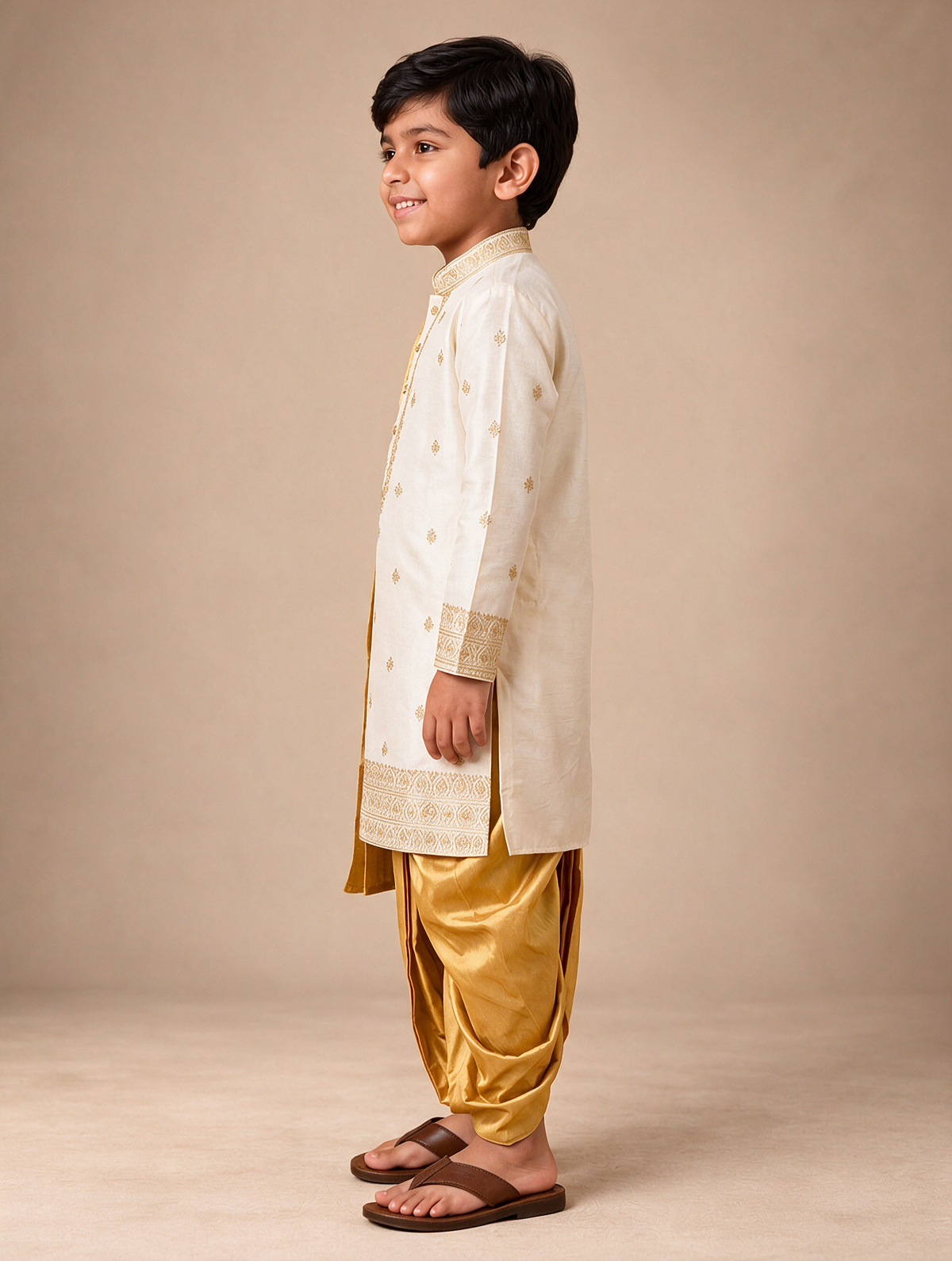 Boys Ivory & Gold 3-Piece Dhoti Set