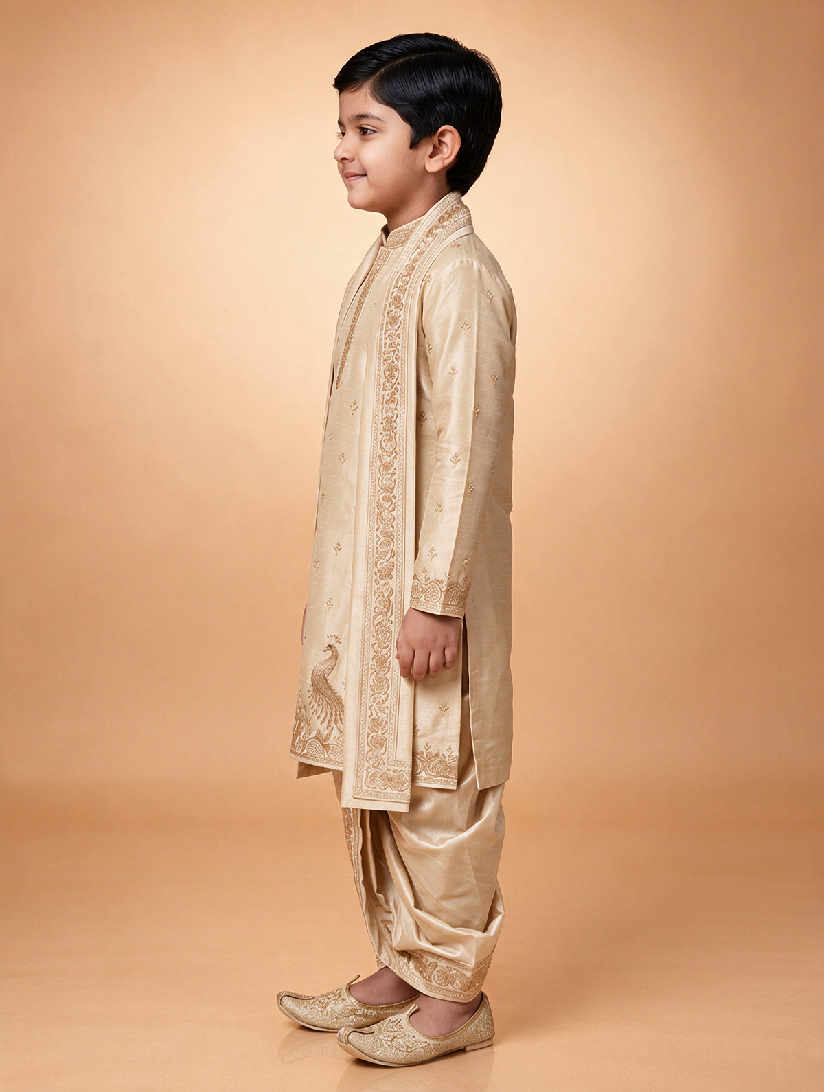 Boys Royal Ivory Peacock 3-Piece Dhoti Set