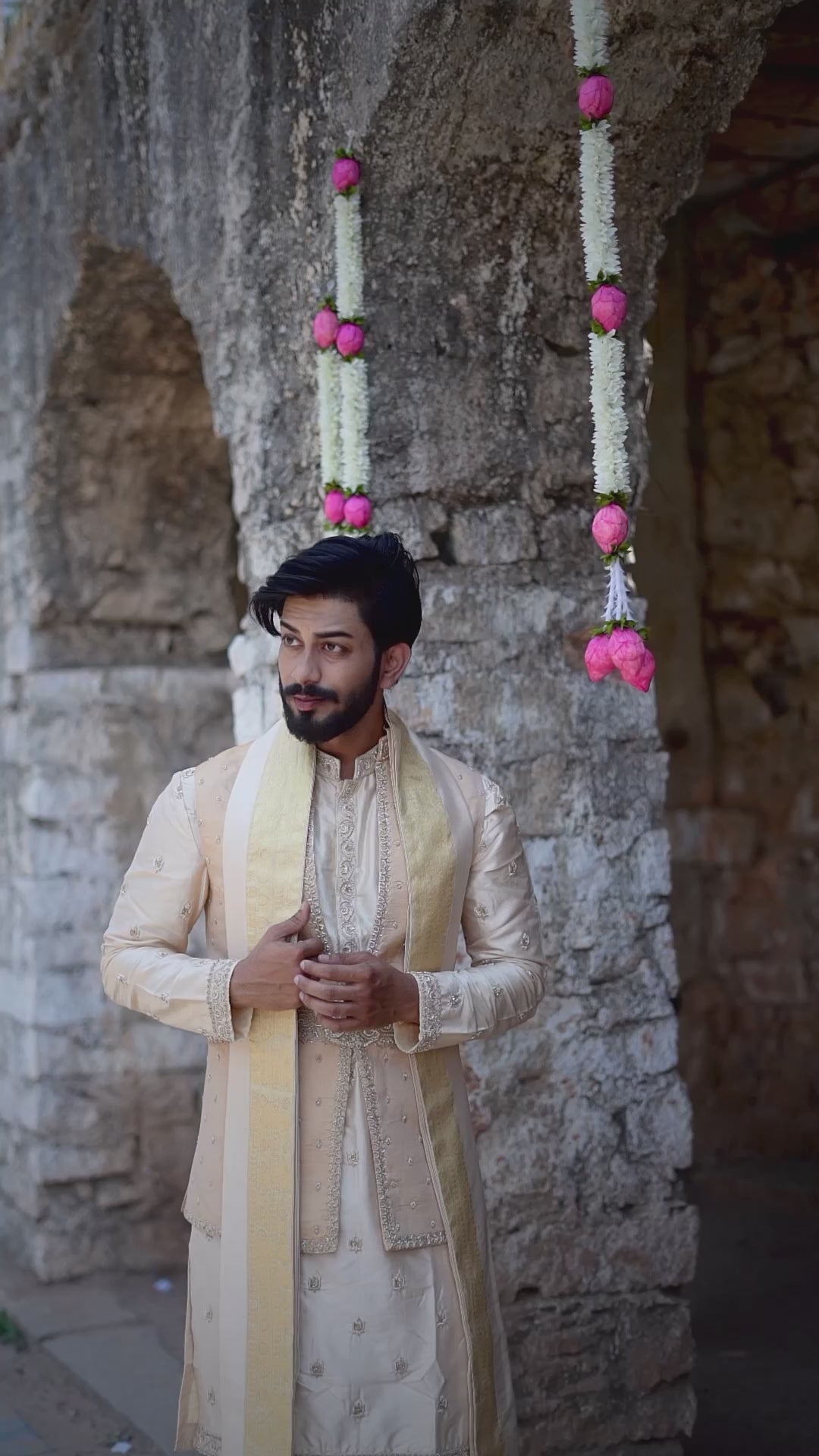 Men’s cream embroidered sherwani with zari detailing and stole for traditional wedding and festive ethnic wear