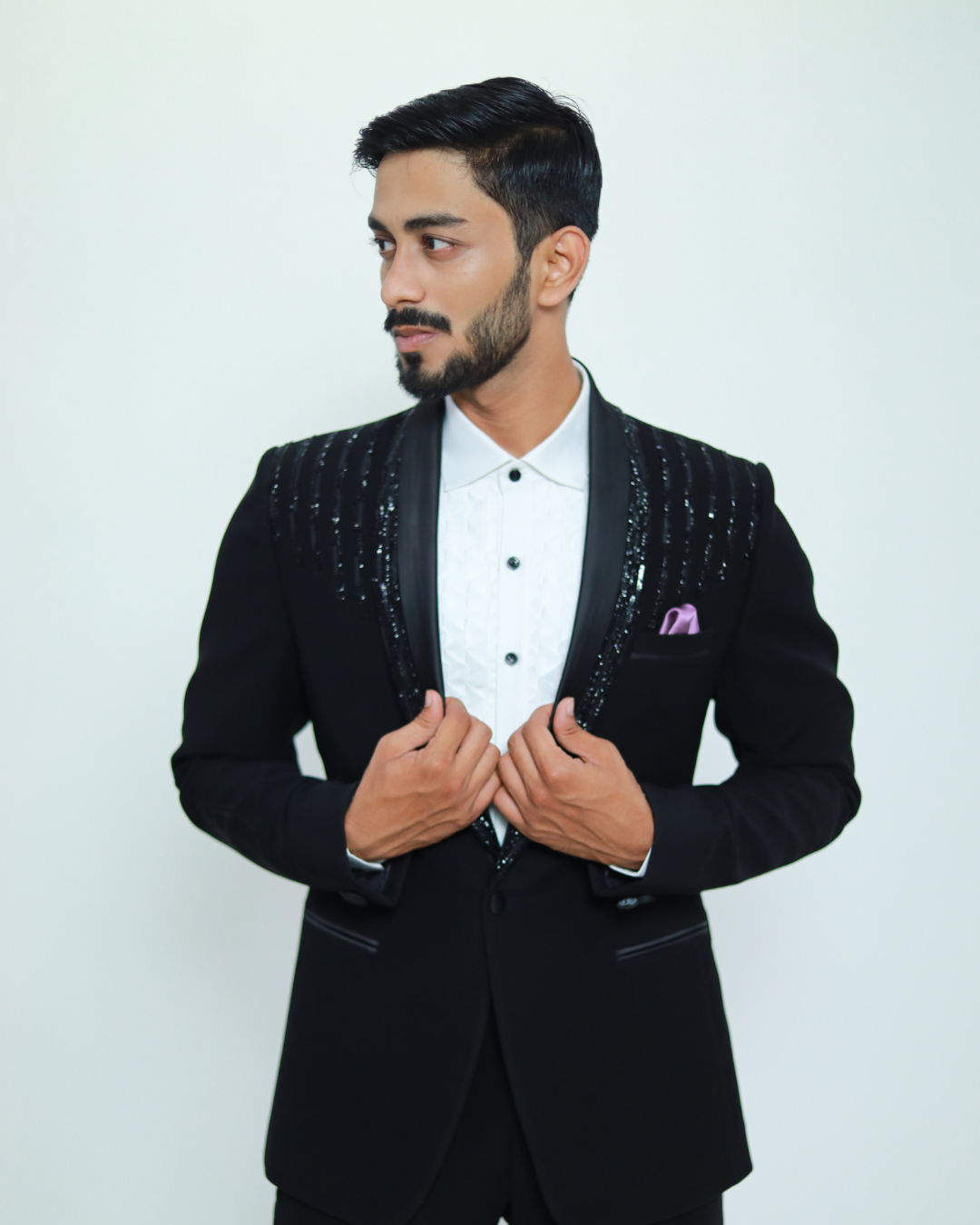 Buy Embossed Designer Black Italian Tuxedo Suit | Manav Ethnic
