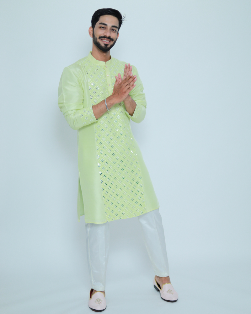 Pastel Green Embroidered Kurta for Men | Designer Wedding Kurta Online